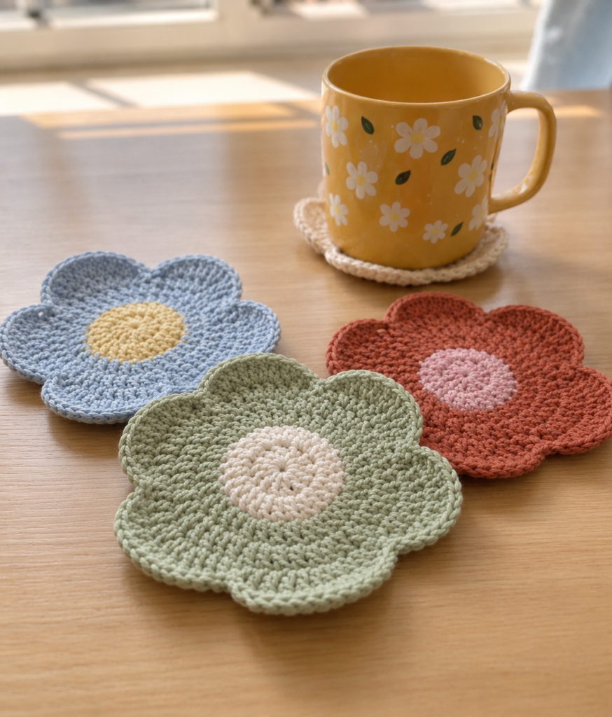 easy crochet ideas for beginners - curly petal crochet coaster