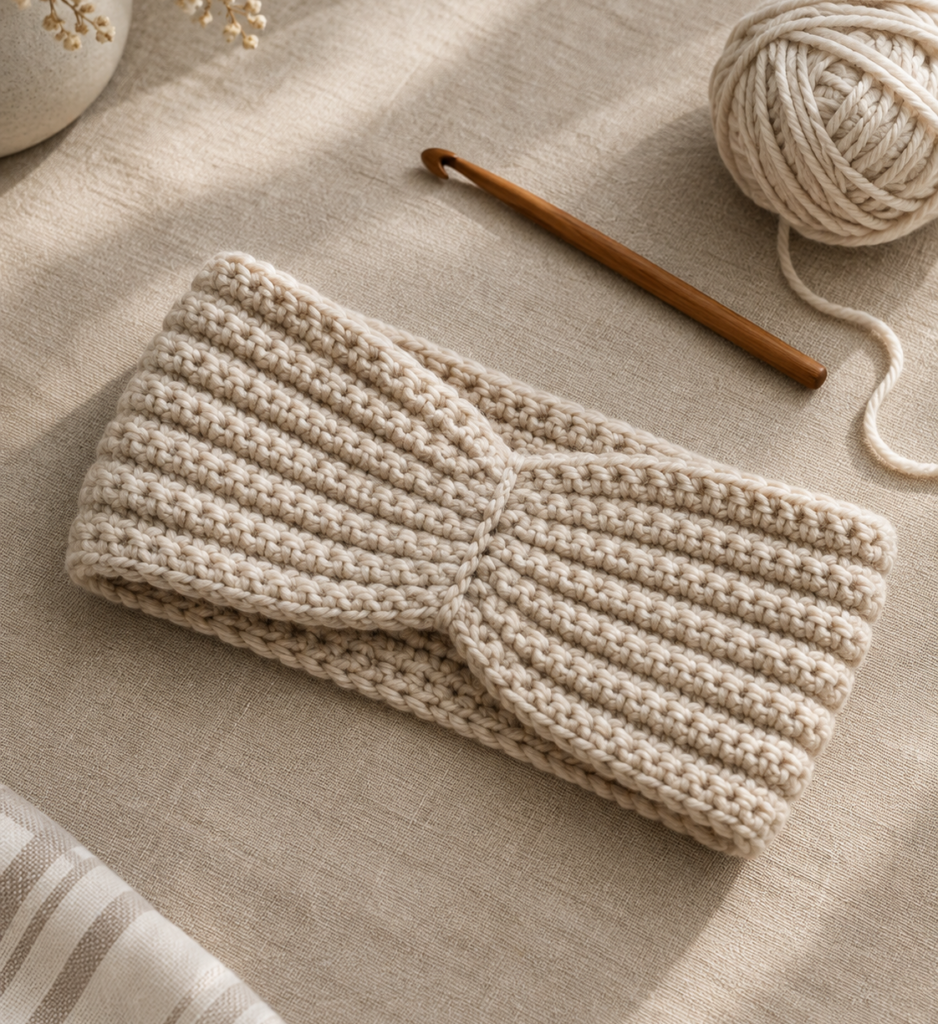 Beginner ribbed crochet ear warmer in oatmeal yarn