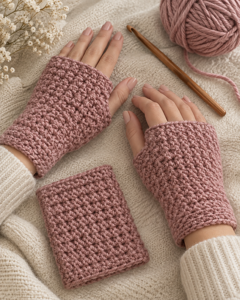 Dusty rose crochet pocket hand warmers