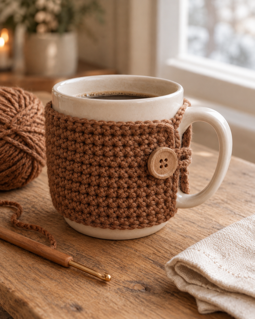 Cinnamon crochet mug cozy with a wooden button