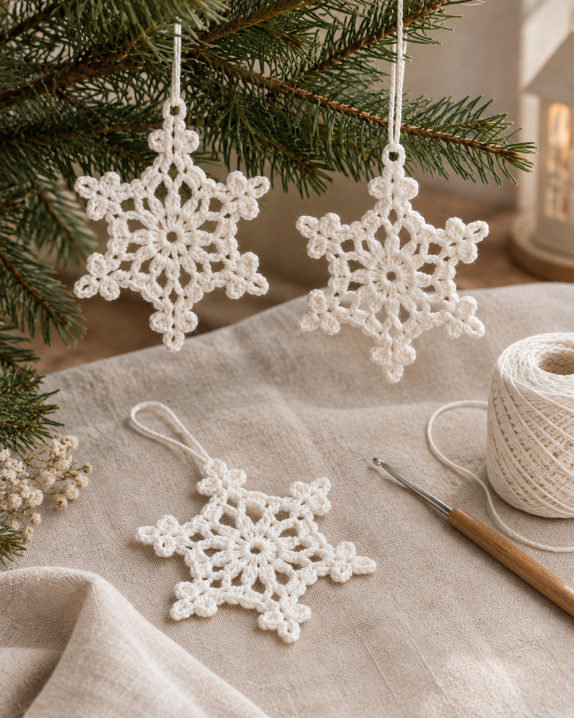White crochet snowflake ornaments for winter decor