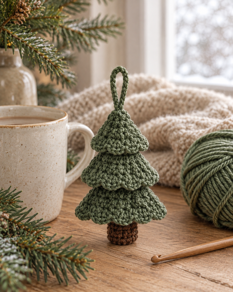 Mini forest green crochet evergreen tree decoration